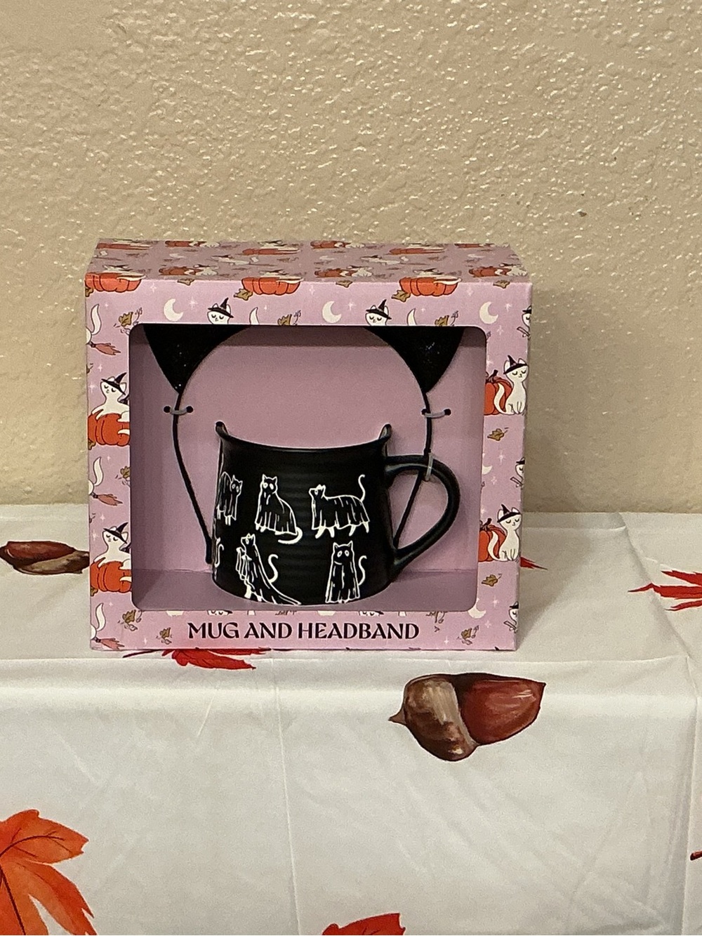 Black & White Ghost Cat Themed Mug with Cat Ear Headband